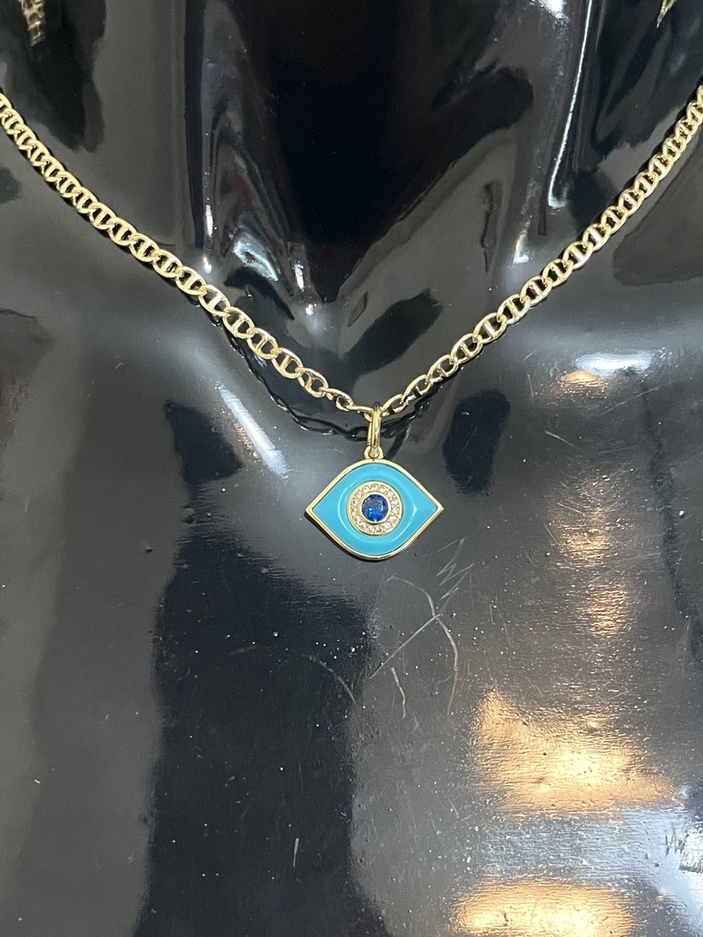 Evil Eye Turquoise Enamel and Sapphire CZ Pendant on Mariner Chain Gold Plated
